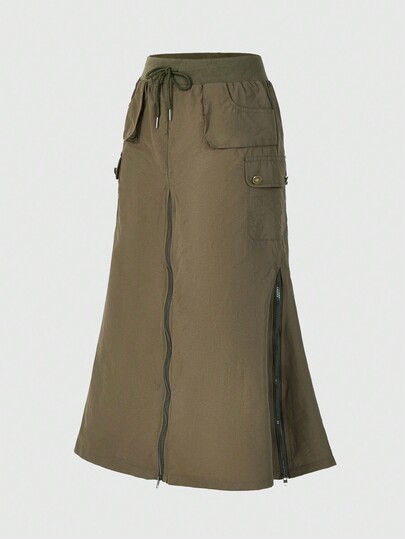 Grunge Punk Jupe évasée pour femmes au style utilitaire décontracté avec fermeture éclair latérale et poches