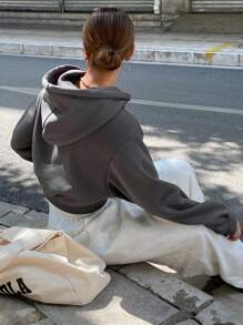 DAZY Women's Solid Color Cropped Hoodie,Long Sleeve Tops,Fall Clothes Sweatshirt - Dark Grey - View 9