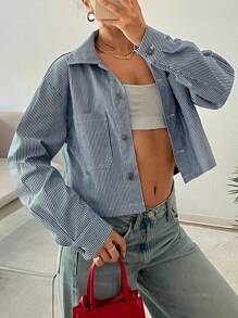 SHEIN EZwear 女士秋冬蓝色条纹梭织单排扣长袖夹克 - 藍白色 - 查看 1