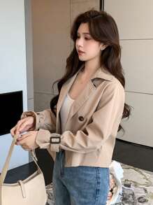 Abrigo casual de negocios de unicolor para mujer, chaqueta de otoño - Caqui - Ver 2