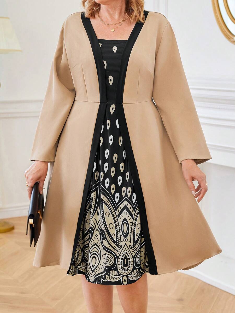 Plus Size Elegant Color Block Floral Print Long Sleeve Dress, Spring/Autumn - Yellow - View 1