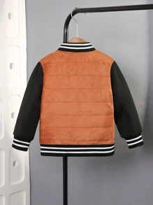 Young Boy Casual Sports Padded Fleece Color Blocking Jacket With Letter Embroidery - Brown - View 2