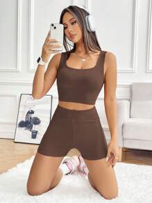 SHEIN EZwear Brown Knitted Women Casual Tracksuit Set Brown Two Pieces Setpetite Two Pieces Setbiker Shorts Setbrown Gym Set - Brown - View 6