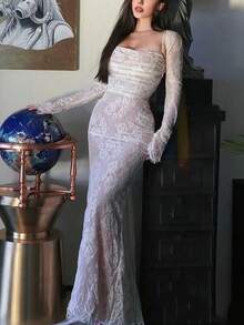 2pcs Women Spring/Summer Lace Long Sleeve Camisole Top And Maxi Slip Dress Set - White - View 3