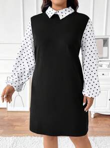 Celure Plus Size Chấm bi In màu tương phản Váy dài tay - Đen và trắng - Xem 4
