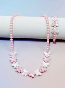 2pcs Girls' Lovely Butterfly Charm Beaded Bracelet & Necklace Set, Suitable For Festival Party Birthday Gift