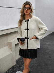 Aveloria Affinna Long Sleeve Contrast Trim Fleece Button Pocket Teddy Coat  Fall Cloth For Women