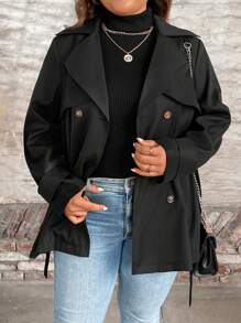 SHEIN LUNE 大码纯色双排扣腰带长袖风衣 - 黑色 - 查看 3