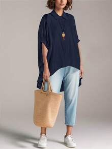 Women's Summer Solid Color Batwing Sleeve Loose Casual Versatile Button Down Shirt