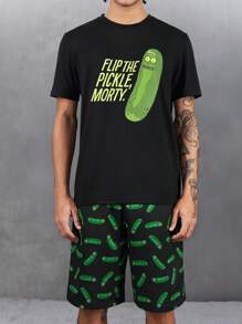 Rick and Morty X SHEIN 男士休闲腌黄瓜印花针织 T 恤和短裤两件套睡衣套装 - 黑色 - 查看 4