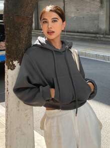 DAZY Women's Solid Color Cropped Hoodie,Long Sleeve Tops,Fall Clothes Sweatshirt - Dark Grey - View 7