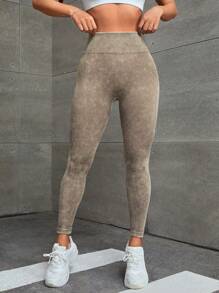 SHEIN Sports 無縫水洗寬腰運動打底褲 - 棕色 - 查看 5