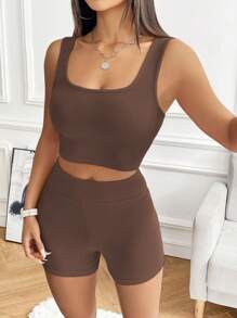 SHEIN EZwear Brown Knitted Women Casual Tracksuit Set Brown Two Pieces Setpetite Two Pieces Setbiker Shorts Setbrown Gym Set - Brown - View 4