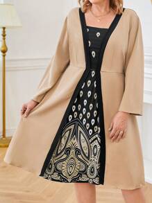 Plus Size Elegant Color Block Floral Print Long Sleeve Dress, Spring/Autumn - Yellow - View 4