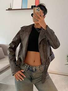 SHEIN EZwear 女士棕色蛇皮印花前拉链短款风衣夹克 - 棕色 - 查看 5