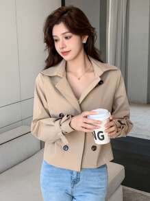Abrigo casual de negocios de unicolor para mujer, chaqueta de otoño - Caqui - Ver 6