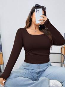 SHEIN EZwear 大码纯色长袖修身 T 恤，春秋装 - 棕色 - 查看 5