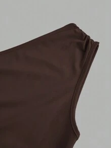 SHEIN EZwear 无袖纯色褶饰不对称肩部超长鱼尾连衣裙 - 巧克力棕 - 查看 3