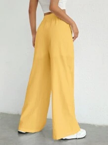 SHEIN EZwear 1 quần ống rộng cạp chun rút màu vàng đơn giản - Màu vàng - Xem 2