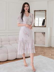 DAZY Women's Elegant Floral Print Ruffle Hem Summer Dress Sundress - Pink - View 6