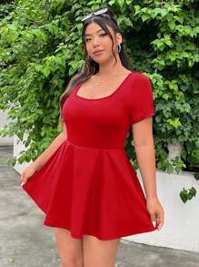 SHEIN EZwear Valentine's Day,Plus Size Women's Summer & Fall Back To School Casual Outdoor Sports Indoor Yoga All-Match Versatile Red Square Neck Long Sleeve A-Line Ruffle Hem High Stretch Quick-Dry Cooling Functional Comfortable Solid Color Pocketed Non-Sheer Jumpsuit - Red - View 6