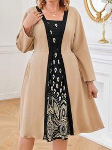 Plus Size Elegant Color Block Floral Print Long Sleeve Dress, Spring/Autumn - Yellow - View 5