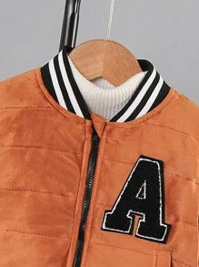Young Boy Casual Sports Padded Fleece Color Blocking Jacket With Letter Embroidery - Brown - View 3