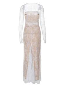 2pcs Women Spring/Summer Lace Long Sleeve Camisole Top And Maxi Slip Dress Set - White - View 2