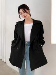 DAZY 女士休闲纯色双排扣风衣，春秋季，返校服装女夹克，秋季女装 - 黑色 - 查看 3