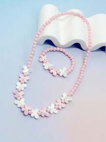 2pcs Girls' Lovely Butterfly Charm Beaded Bracelet & Necklace Set, Suitable For Festival Party Birthday Gift