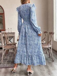 SHEIN Clasi Vestido de manga larga elegante con estampado floral azul para mujer para vacaciones - Azul - Ver 2