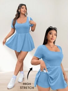 SHEIN EZwear Mono versátil de unicolor con bolsillos, cuello cuadrado, manga larga, dobladillo con volantes, de alto estiramiento, con absorción de humedad y secado rápido, tela transpirable y de alto rendimiento para mujer talla grande, adecuado para verano, otoño, vuelta al colegio, actividades al aire libre, yoga, uso diario - Azul - Ver 1