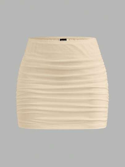 SHEIN MOD Tulle Ruched Solid Color Double Layer Sheer Bodycon Mini Skirt
