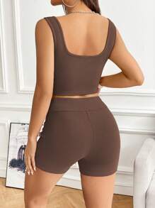 SHEIN EZwear Brown Knitted Women Casual Tracksuit Set Brown Two Pieces Setpetite Two Pieces Setbiker Shorts Setbrown Gym Set - Brown - View 2