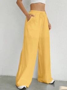 SHEIN EZwear 1 quần ống rộng cạp chun rút màu vàng đơn giản - Màu vàng - Xem 6