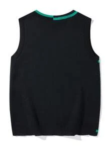 Manfinity Hypemode Men's Loose Fit V-Neck Star Letter Pattern Knit Sweater Vest - Black - View 2