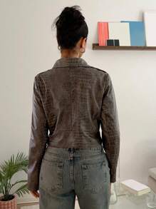 SHEIN EZwear 女士棕色蛇皮印花前拉链短款风衣夹克 - 棕色 - 查看 2