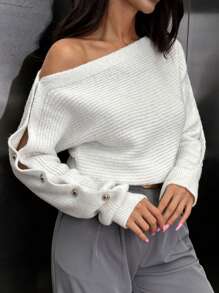 EURMUSE Women Gold Button Detailed Drop Shoulder Elegant Sweater - Cream - View 4