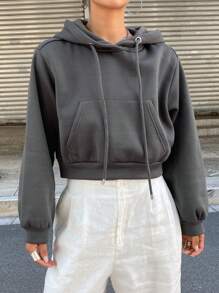 DAZY Women's Solid Color Cropped Hoodie,Long Sleeve Tops,Fall Clothes Sweatshirt - Dark Grey - View 4