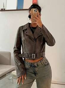 SHEIN EZwear 女士棕色蛇皮印花前拉链短款风衣夹克 - 棕色 - 查看 1