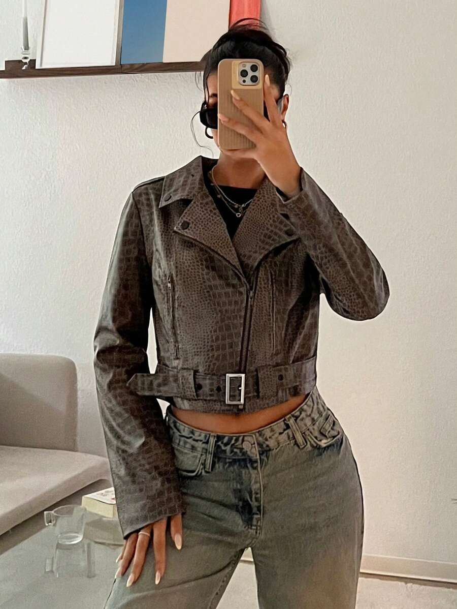 SHEIN EZwear 女士棕色蛇皮印花前拉链短款风衣夹克 - 棕色 - 查看 1