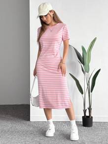 SHEIN EZwear Pink-White Knitted Striped Dress,Summer Dresses For Women,Pastel Dresses For Women - Dusty Pink - View 4