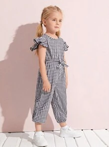 SHEIN Young Girl Ruffle Armhole Knot Waist Gingham Jumpsuit - Black and White - View 1