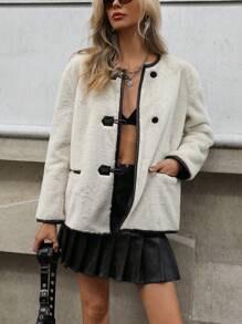 Aveloria Affinna Long Sleeve Contrast Trim Fleece Button Pocket Teddy Coat  Fall Cloth For Women