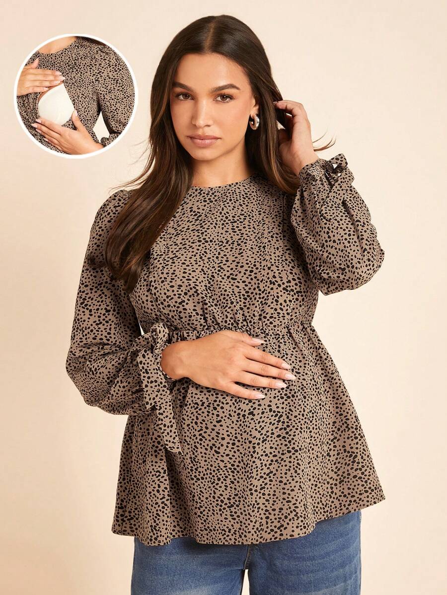 Boho Mama 孕妇休闲哺乳衬衫，孕妇长袖蝴蝶结纽扣衬衫 - 卡其色 - 查看 1