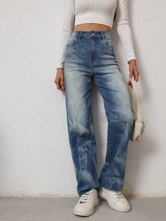 Women's Front Button Multiple Pockets Personalized Spray Paint Technique Denim Pants