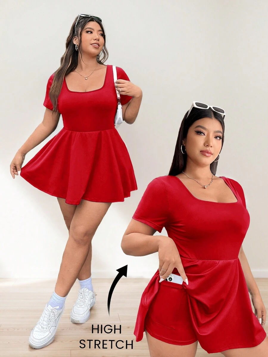 SHEIN EZwear Valentine's Day,Plus Size Women's Summer & Fall Back To School Casual Outdoor Sports Indoor Yoga All-Match Versatile Red Square Neck Long Sleeve A-Line Ruffle Hem High Stretch Quick-Dry Cooling Functional Comfortable Solid Color Pocketed Non-Sheer Jumpsuit - Red - View 1