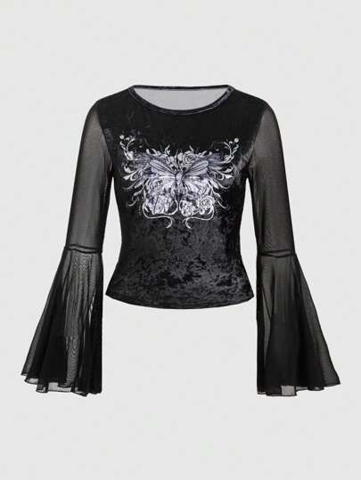 Goth Blouse en velours à manches évasées avec imprimé papillon et empiècement en maille pour femme