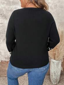 Plus Size Crew Neck Long Sleeve Striped Fitted Chic Knit Sweater Knit Pullover Fall Winter - Black - View 2