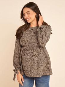 Boho Mama 孕妇休闲哺乳衬衫，孕妇长袖蝴蝶结纽扣衬衫 - 卡其色 - 查看 6